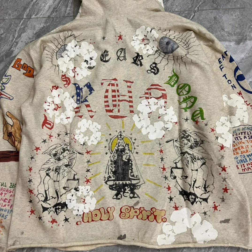 DENIM TEARS × ©SAINT M×××××× "SAINT TEARS" Graffiti Hoodie 22ss co-branded cotton graffiti hoodie, full printed washed distressed hole Vintage sweatshirt, gray S-XL, super heavy duty! The whole piece is printed with 35 screens and counterpoint printing!